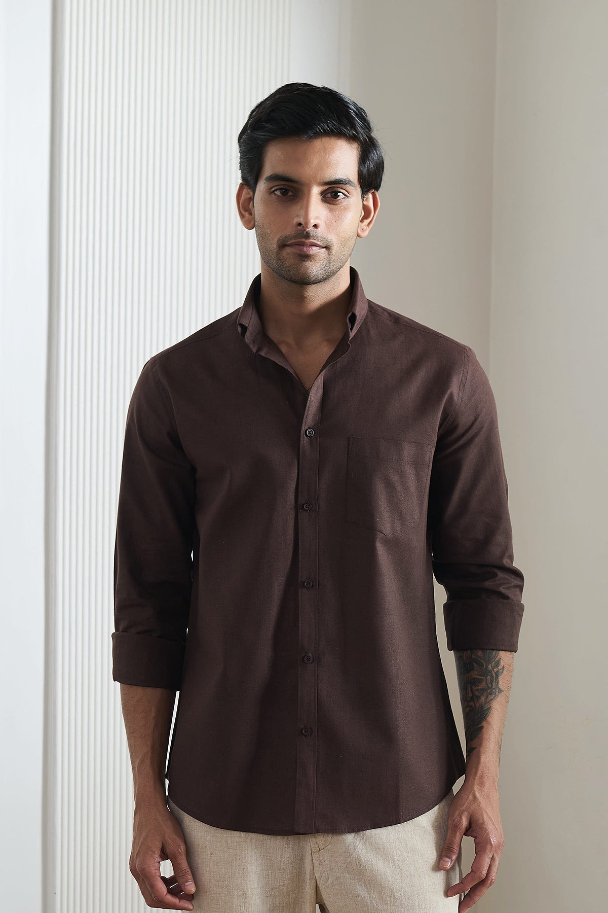 Dark Brown Cotton Linen Shirt - Regular fit
