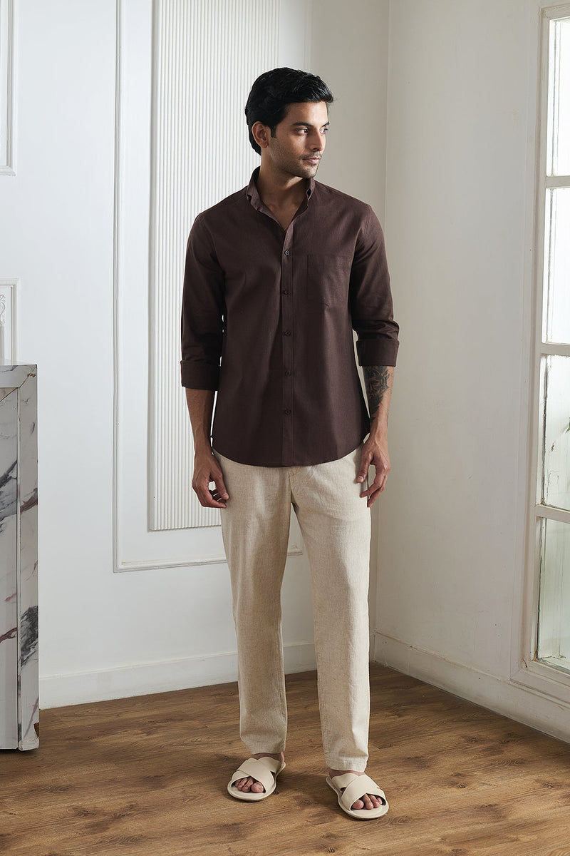 Dark Brown Cotton Linen Shirt - Regular fit