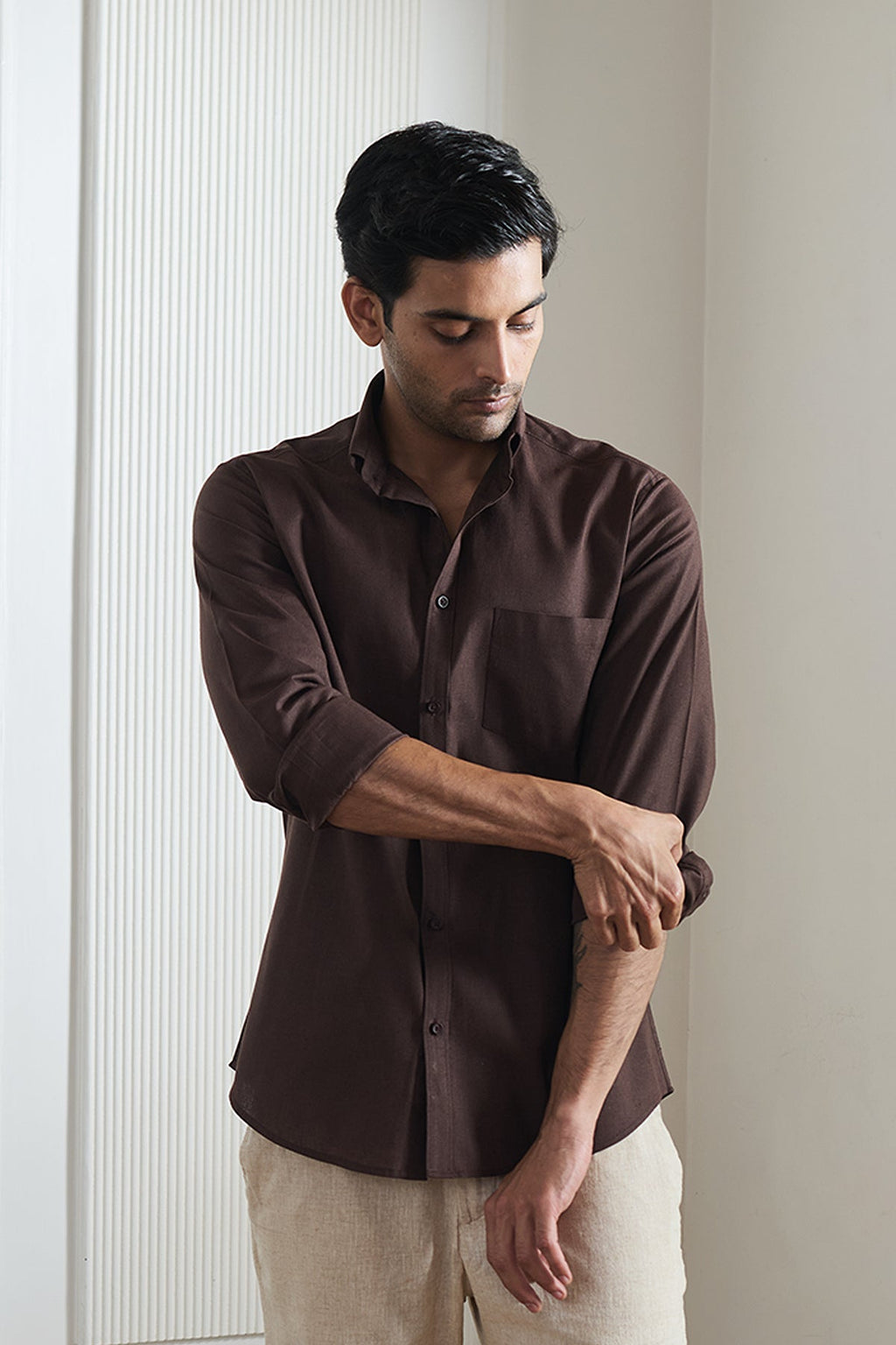 Dark Brown Cotton Linen Shirt - Regular fit