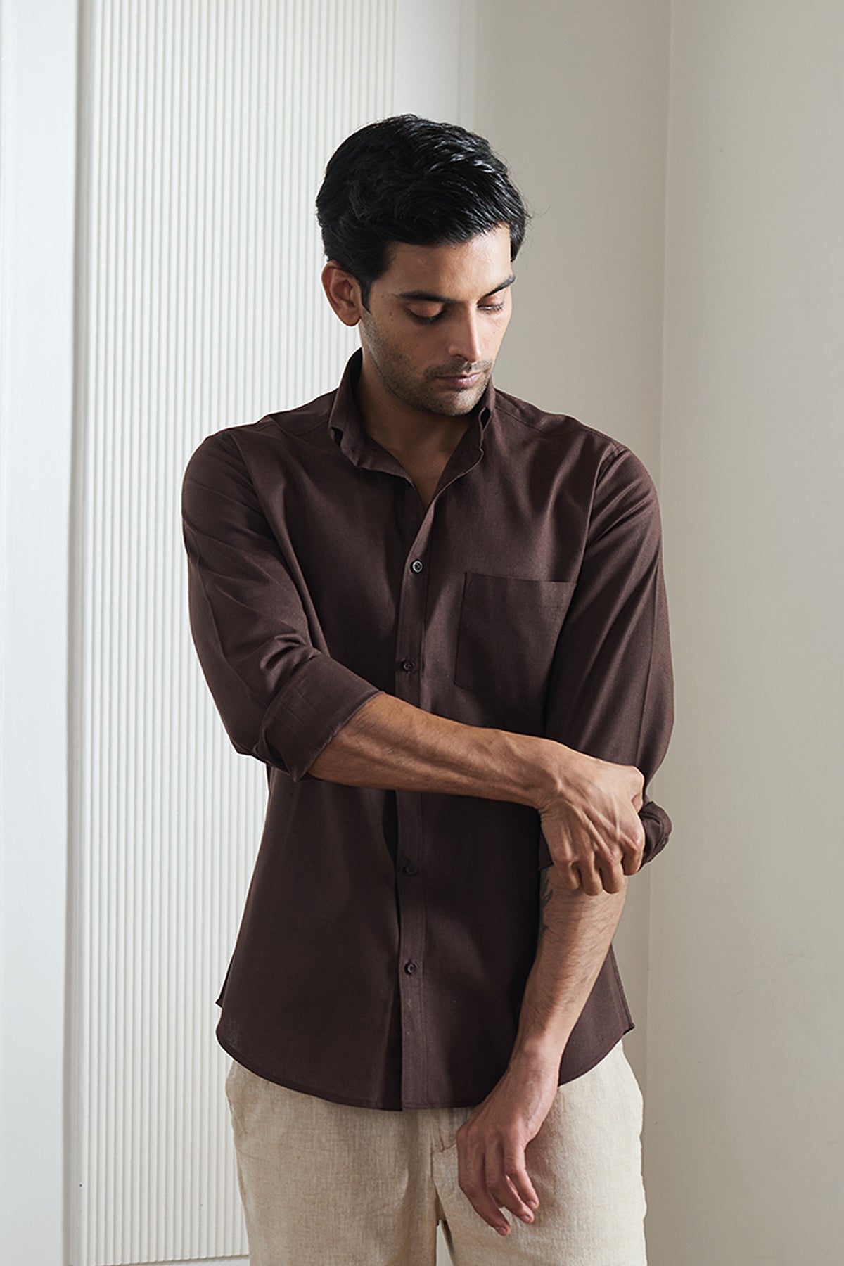 Dark Brown Cotton Linen Shirt - Regular fit