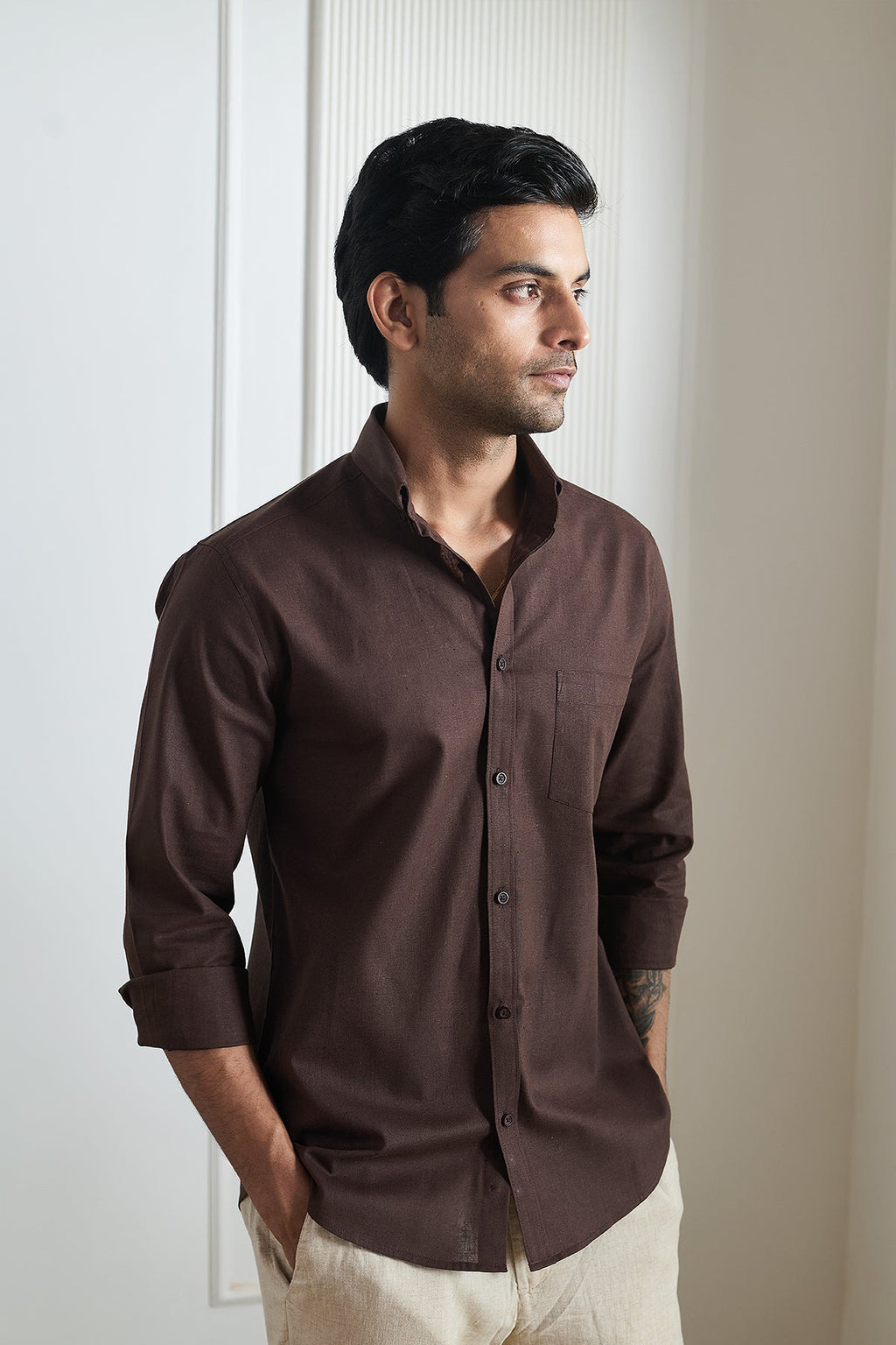 Dark Brown Cotton Linen Shirt - Regular fit