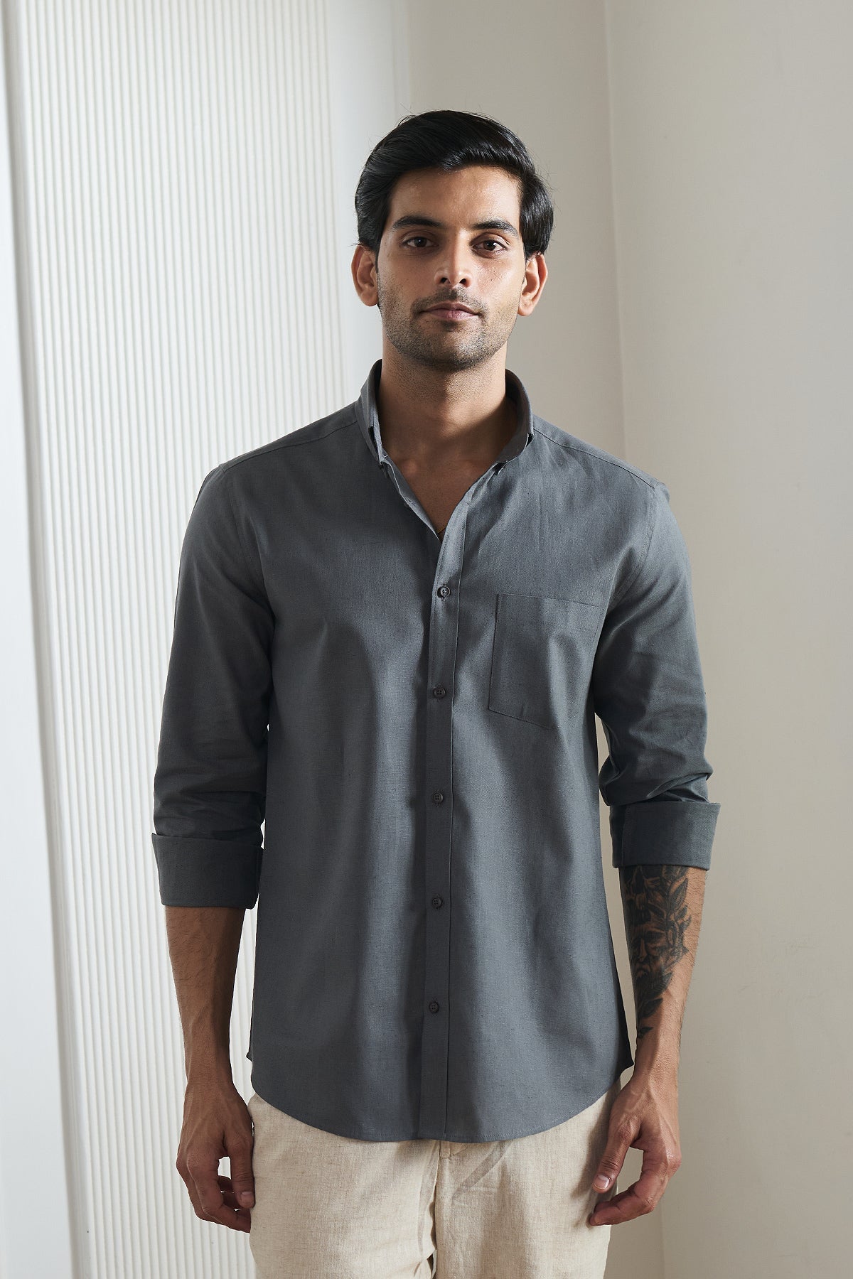 Dark Grey Cotton Linen Shirt - Regular fit