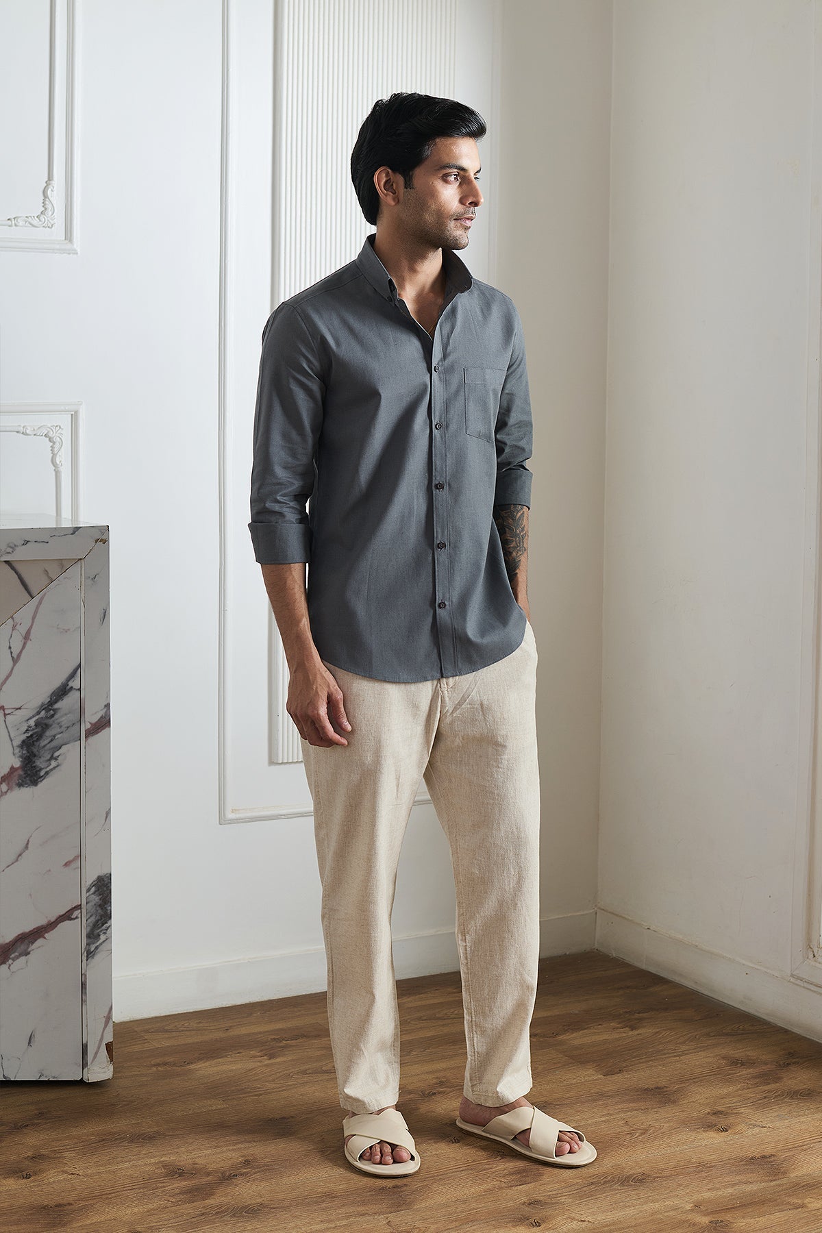 Dark Grey Cotton Linen Shirt - Regular fit