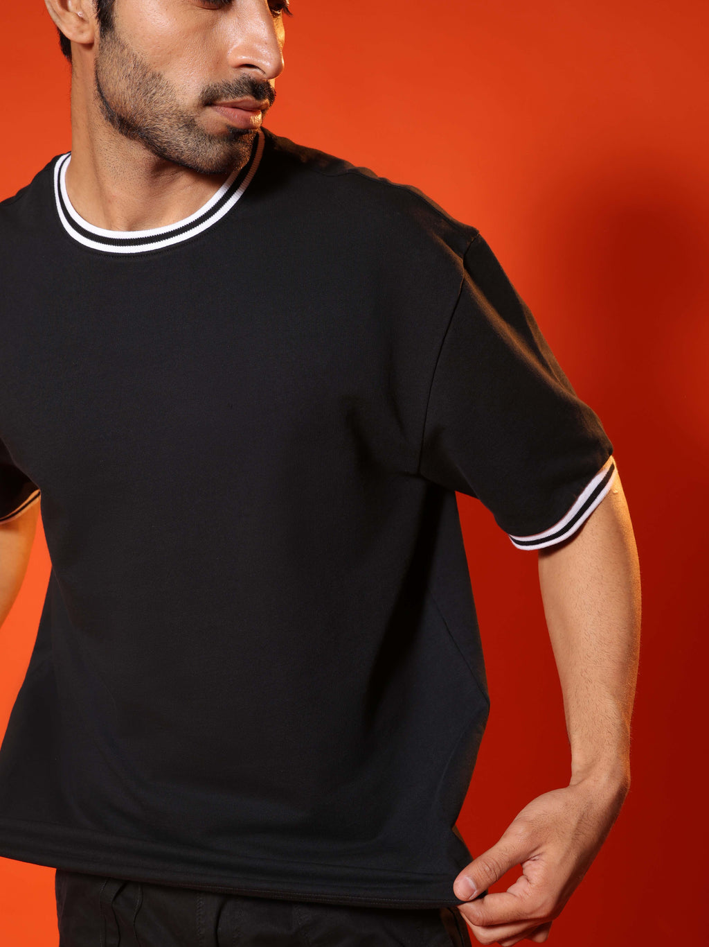 Oversized Round Neck T-Shirt with Stylised Rib in Black