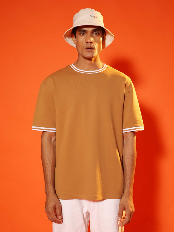 Oversized Round Neck T-Shirt with Stylised Rib in Tan Brown