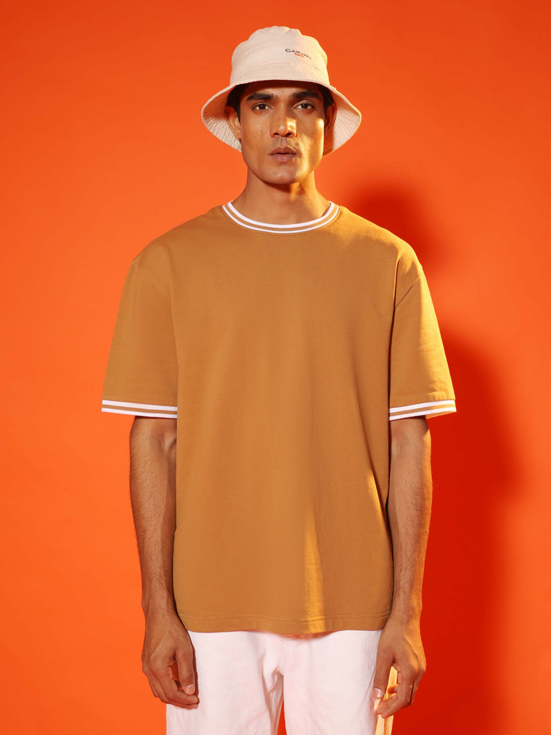 Oversized Round Neck T-Shirt with Stylised Rib in Tan Brown