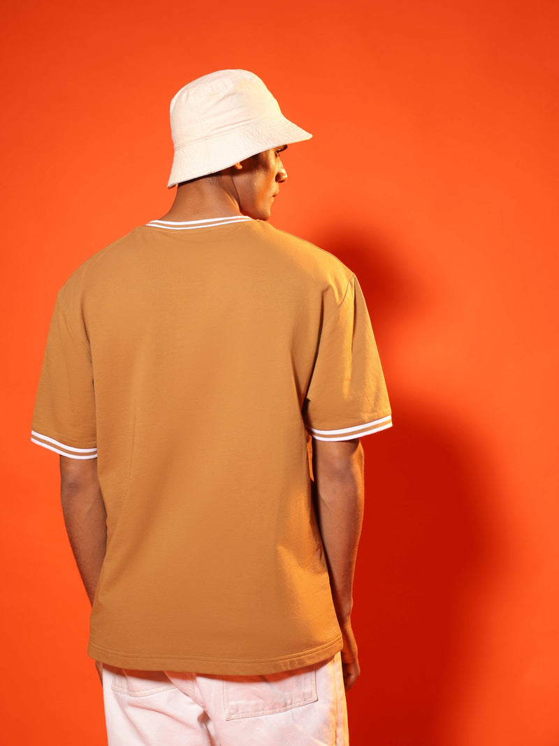 Oversized Round Neck T-Shirt with Stylised Rib in Tan Brown