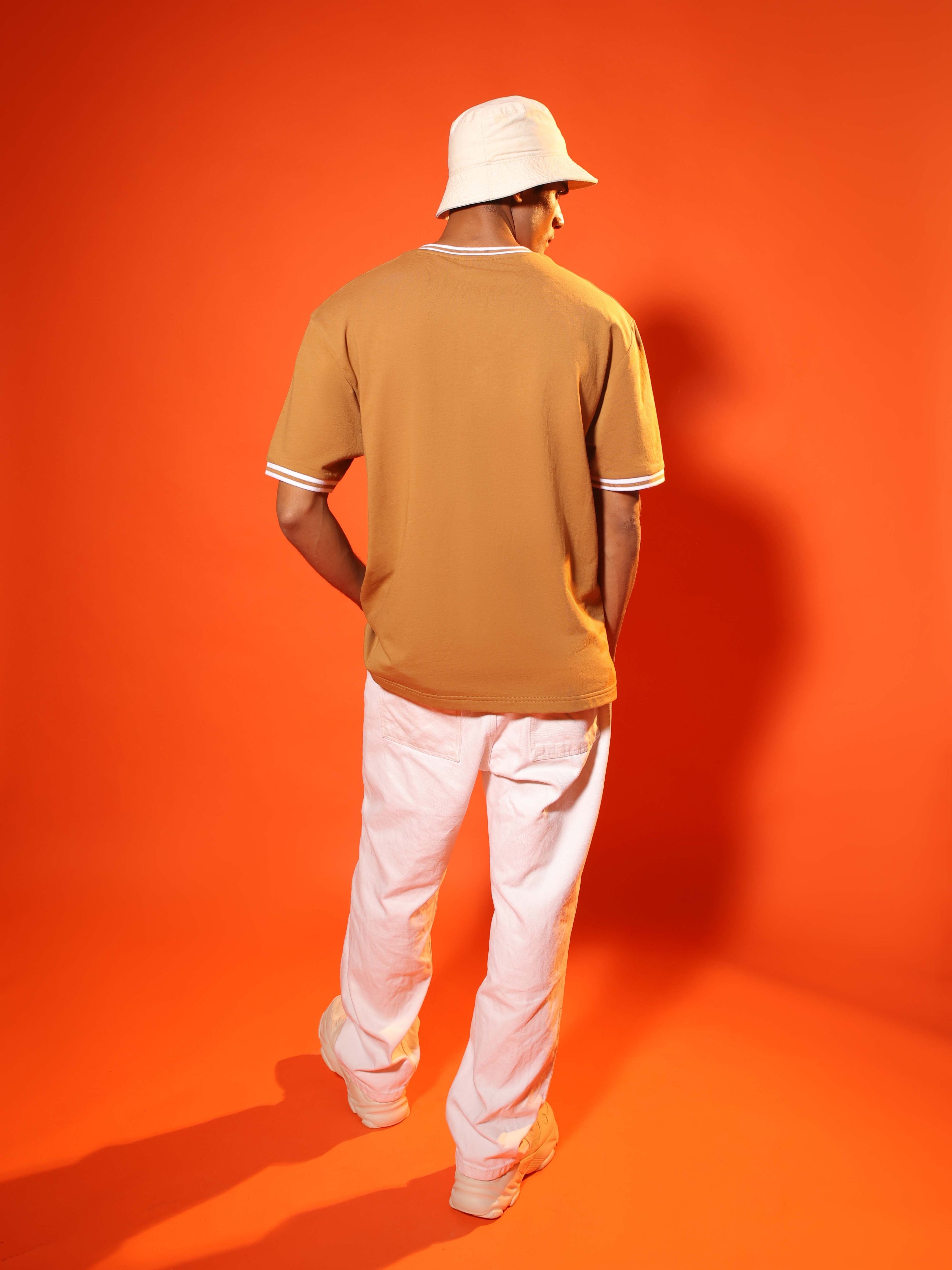 Oversized Round Neck T-Shirt with Stylised Rib in Tan Brown