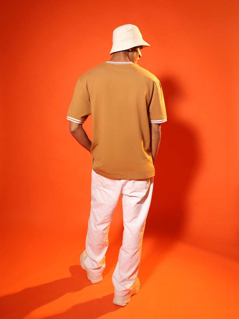 Oversized Round Neck T-Shirt with Stylised Rib in Tan Brown