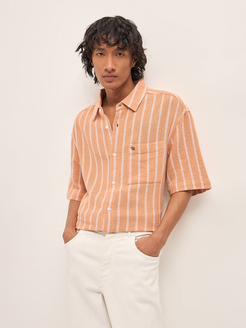 EKZO - Peach Vertical Textured Woven Stripe Relaxed Fit Casual Shirt