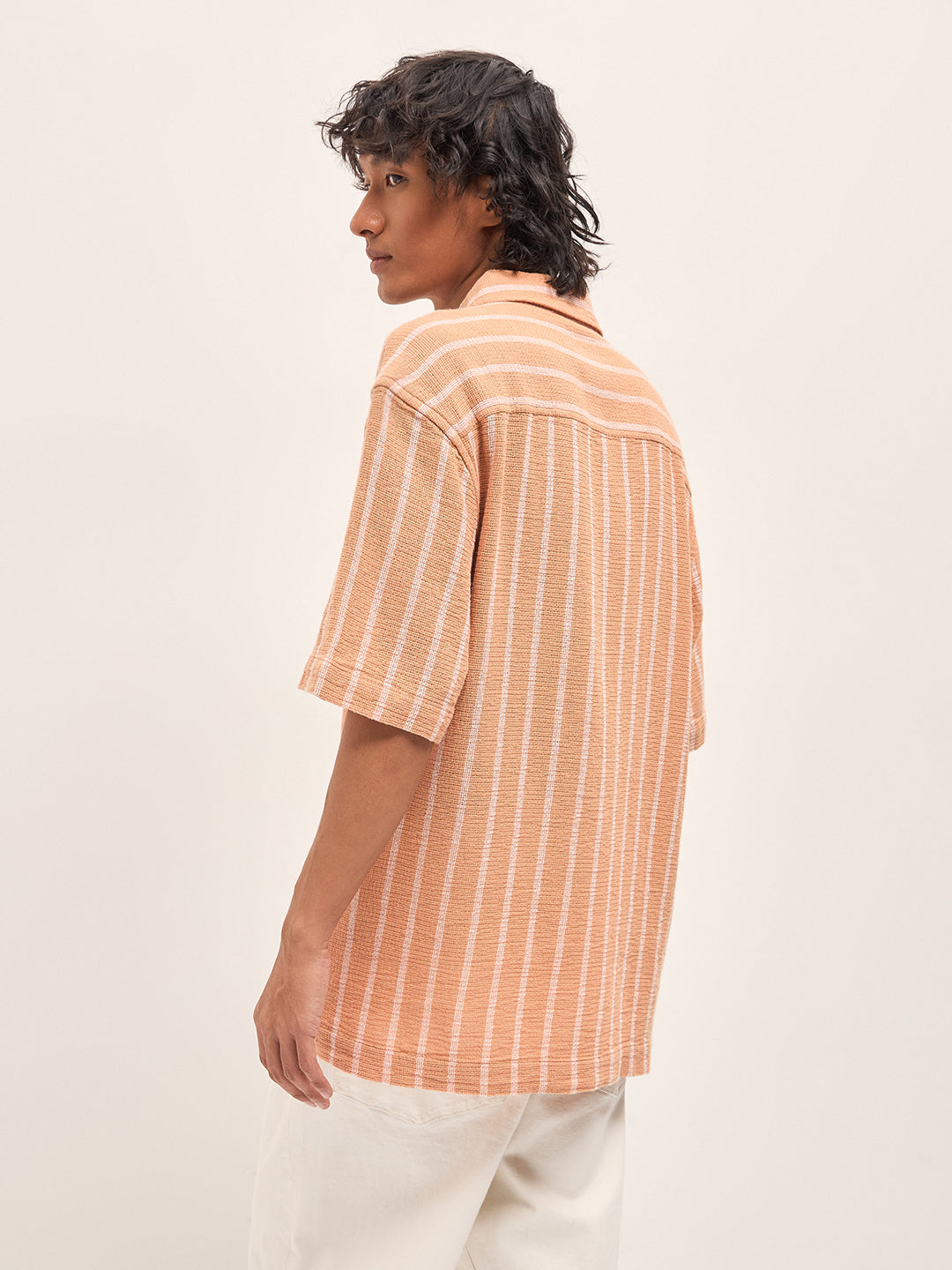 EKZO - Peach Vertical Textured Woven Stripe Relaxed Fit Casual Shirt