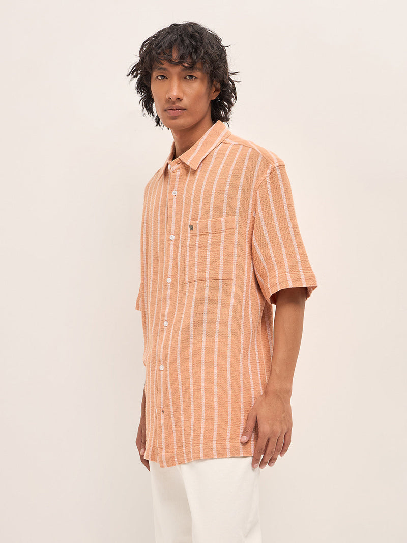 EKZO - Peach Vertical Textured Woven Stripe Relaxed Fit Casual Shirt