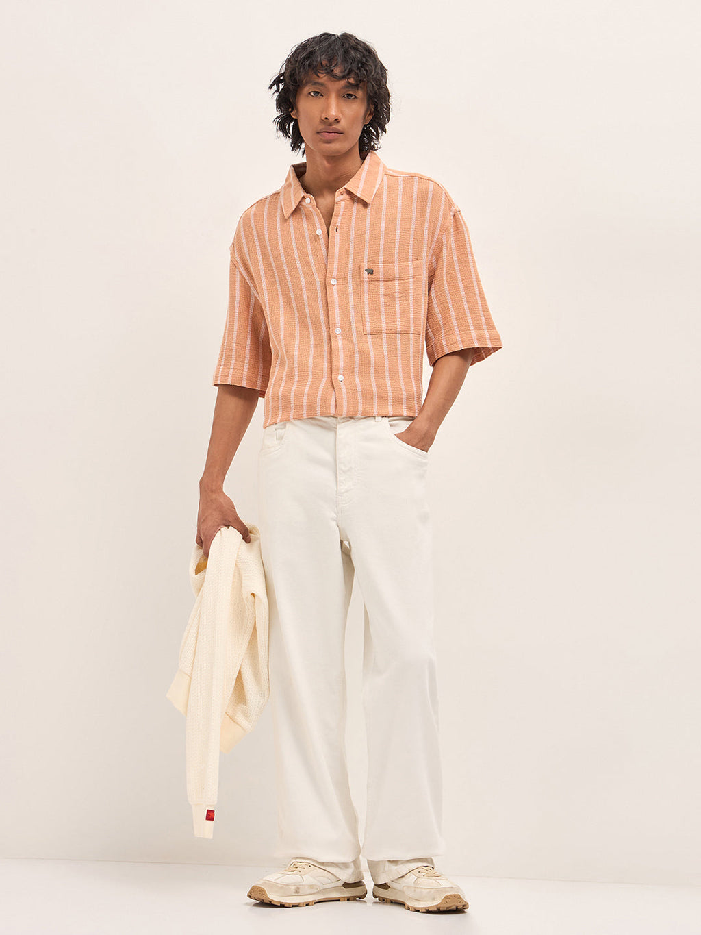EKZO - Peach Vertical Textured Woven Stripe Relaxed Fit Casual Shirt