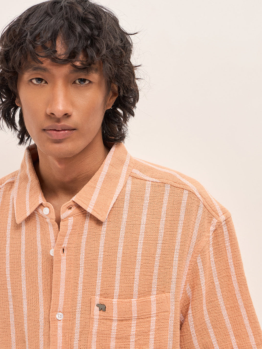 EKZO - Peach Vertical Textured Woven Stripe Relaxed Fit Casual Shirt