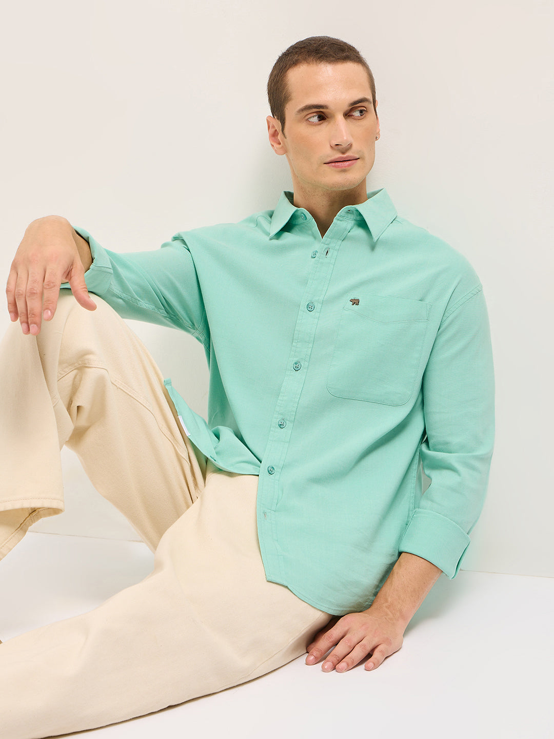 GERAZO - Teal Solid Cotton Blend Relaxed Fit Casual Shirt