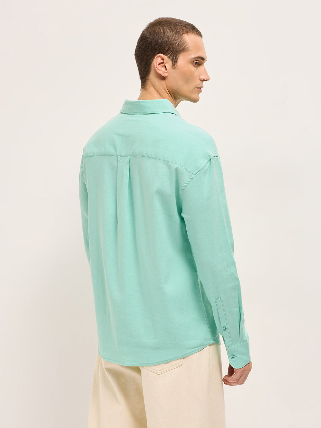 GERAZO - Teal Solid Cotton Blend Relaxed Fit Casual Shirt