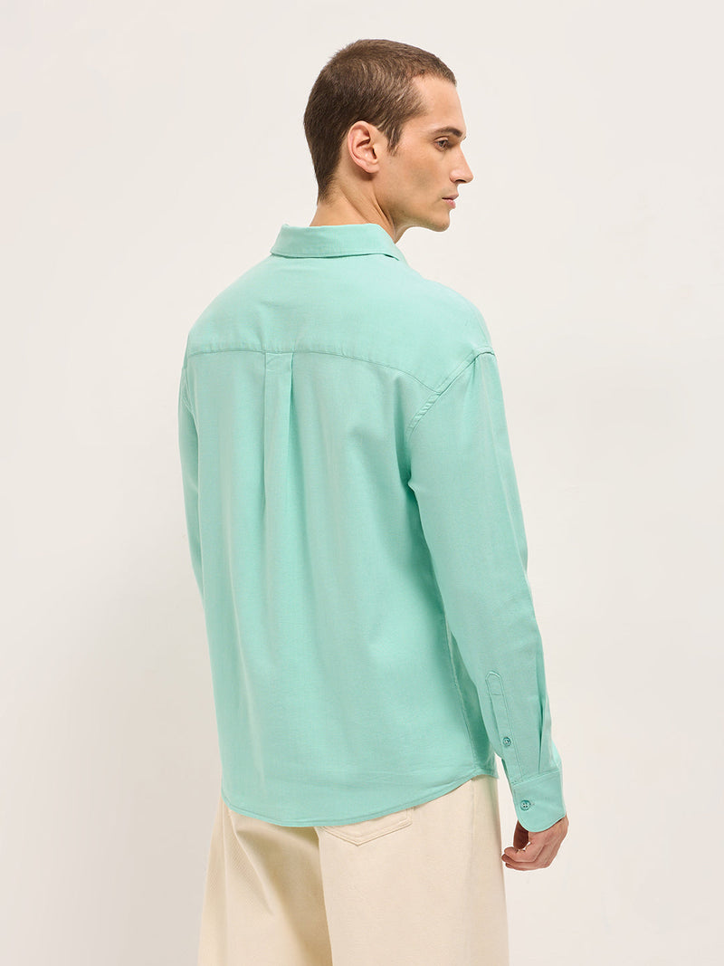 GERAZO - Teal Solid Cotton Blend Relaxed Fit Casual Shirt