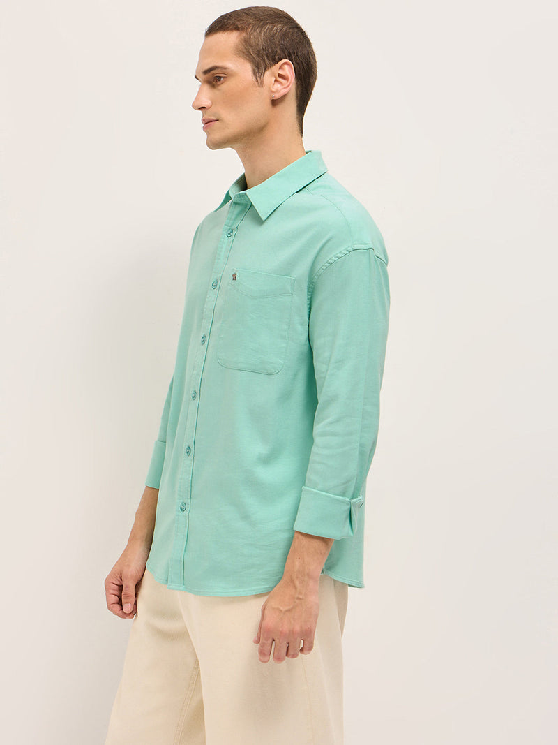 GERAZO - Teal Solid Cotton Blend Relaxed Fit Casual Shirt