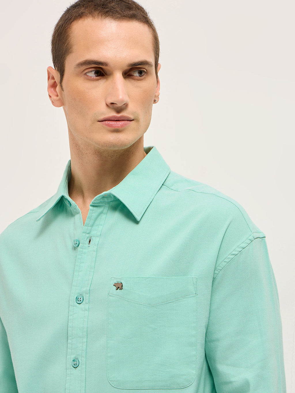 GERAZO - Teal Solid Cotton Blend Relaxed Fit Casual Shirt