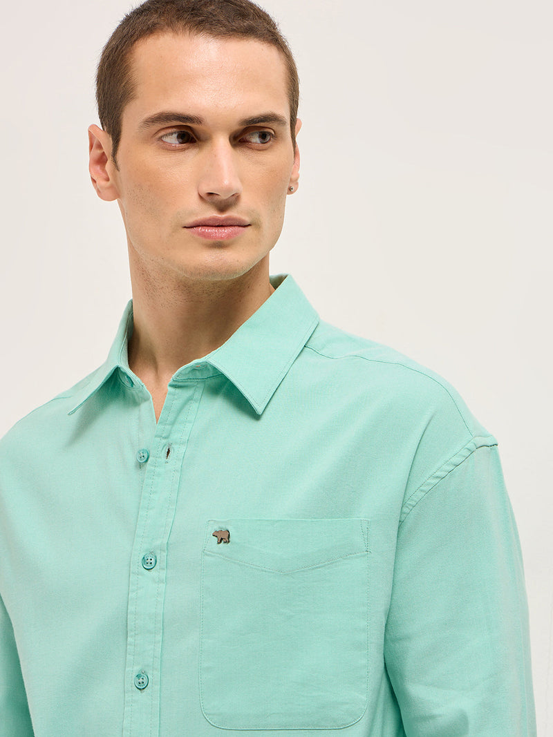 GERAZO - Teal Solid Cotton Blend Relaxed Fit Casual Shirt