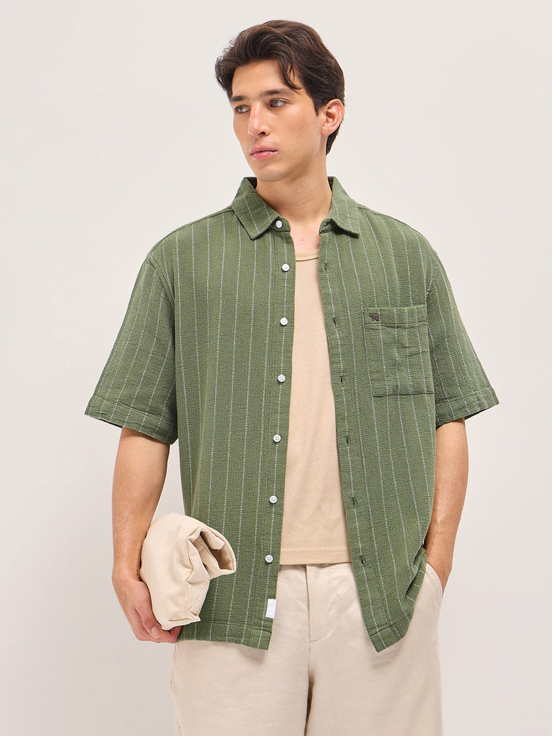 RALO - Green Vertical Textured Woven Stripe Relaxed Fit Casual Shirt