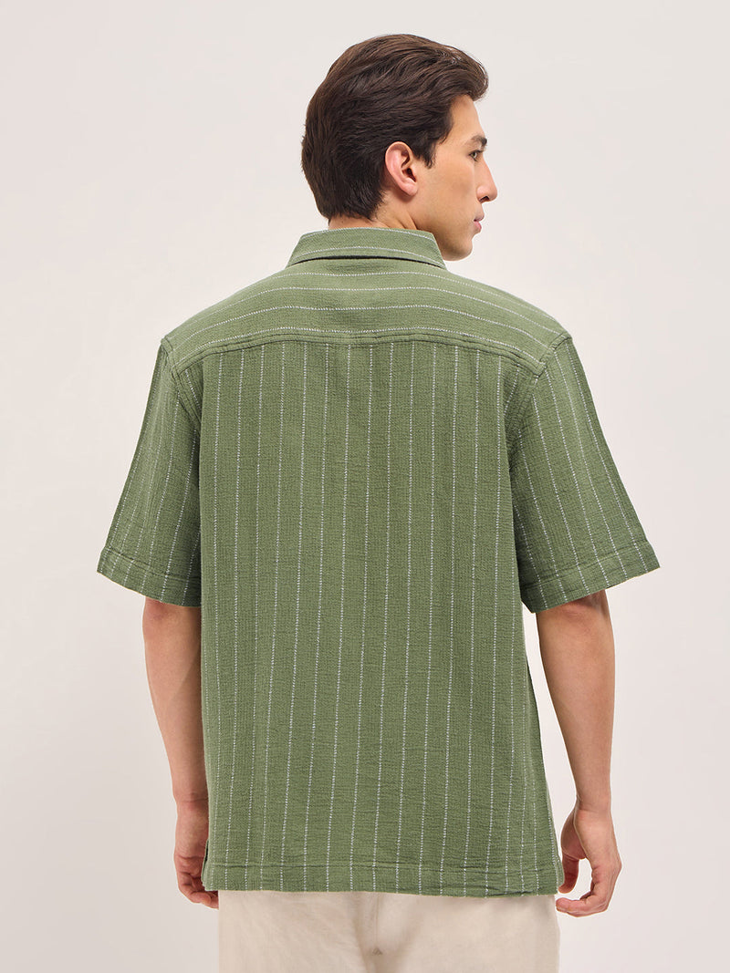 RALO - Green Vertical Textured Woven Stripe Relaxed Fit Casual Shirt