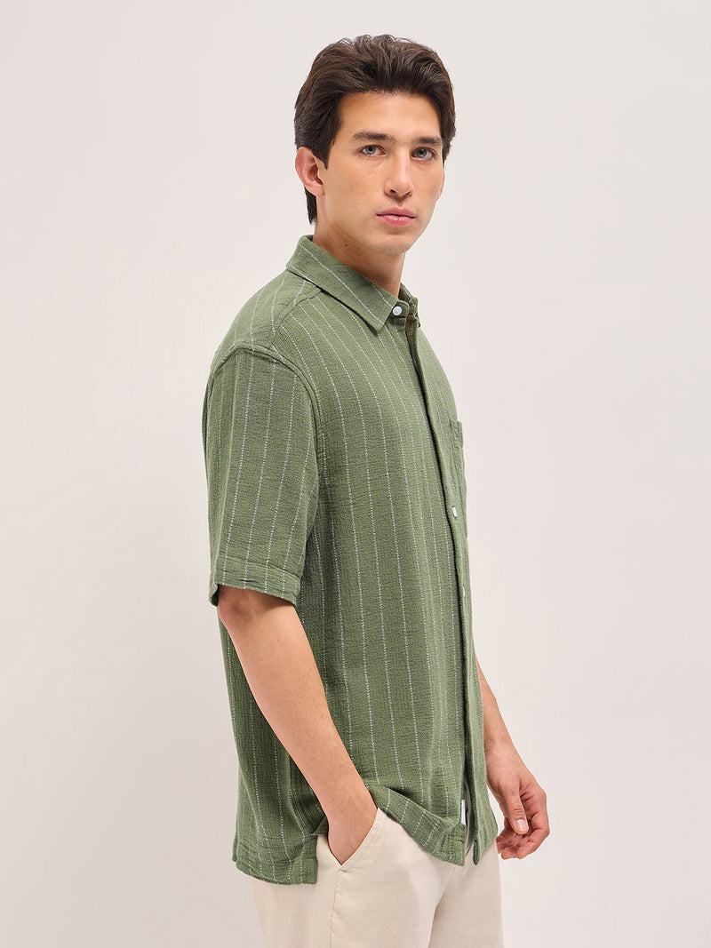 RALO - Green Vertical Textured Woven Stripe Relaxed Fit Casual Shirt