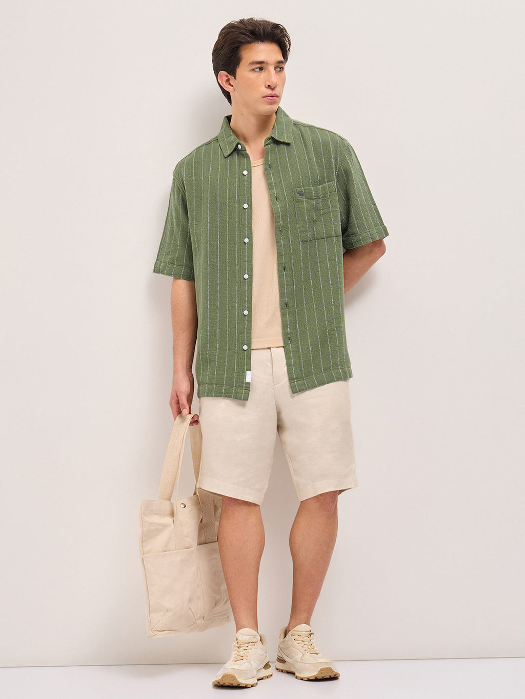RALO - Green Vertical Textured Woven Stripe Relaxed Fit Casual Shirt