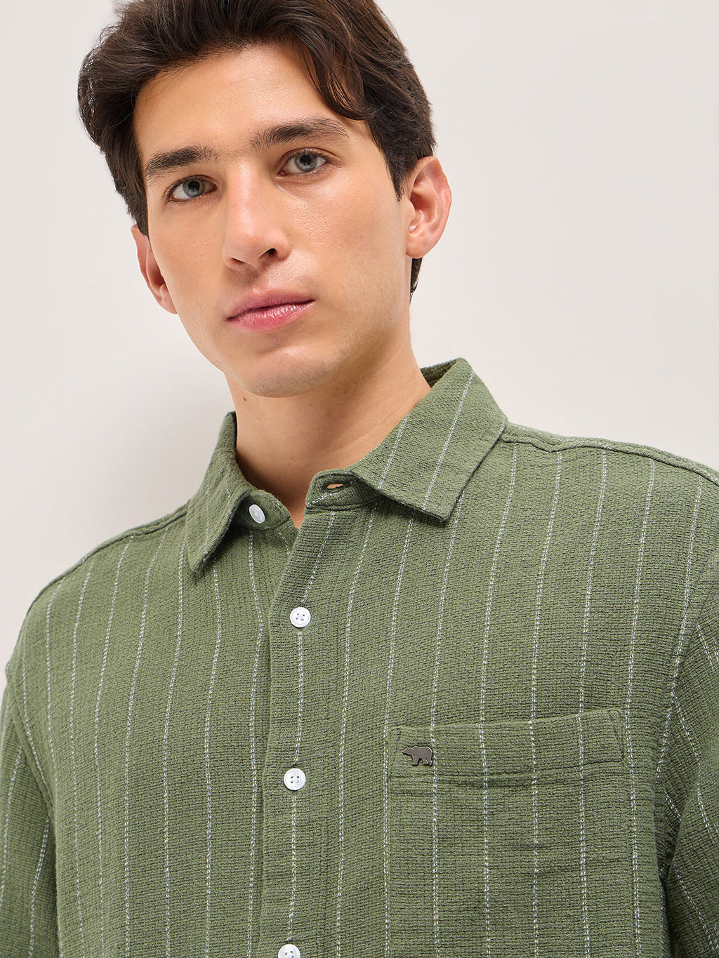 RALO - Green Vertical Textured Woven Stripe Relaxed Fit Casual Shirt