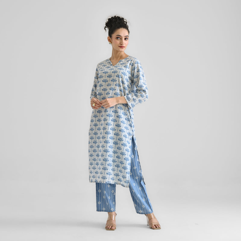 Light Blue Lotus Dabu Inspired Cotton Co-ord Set with Notch Neckline