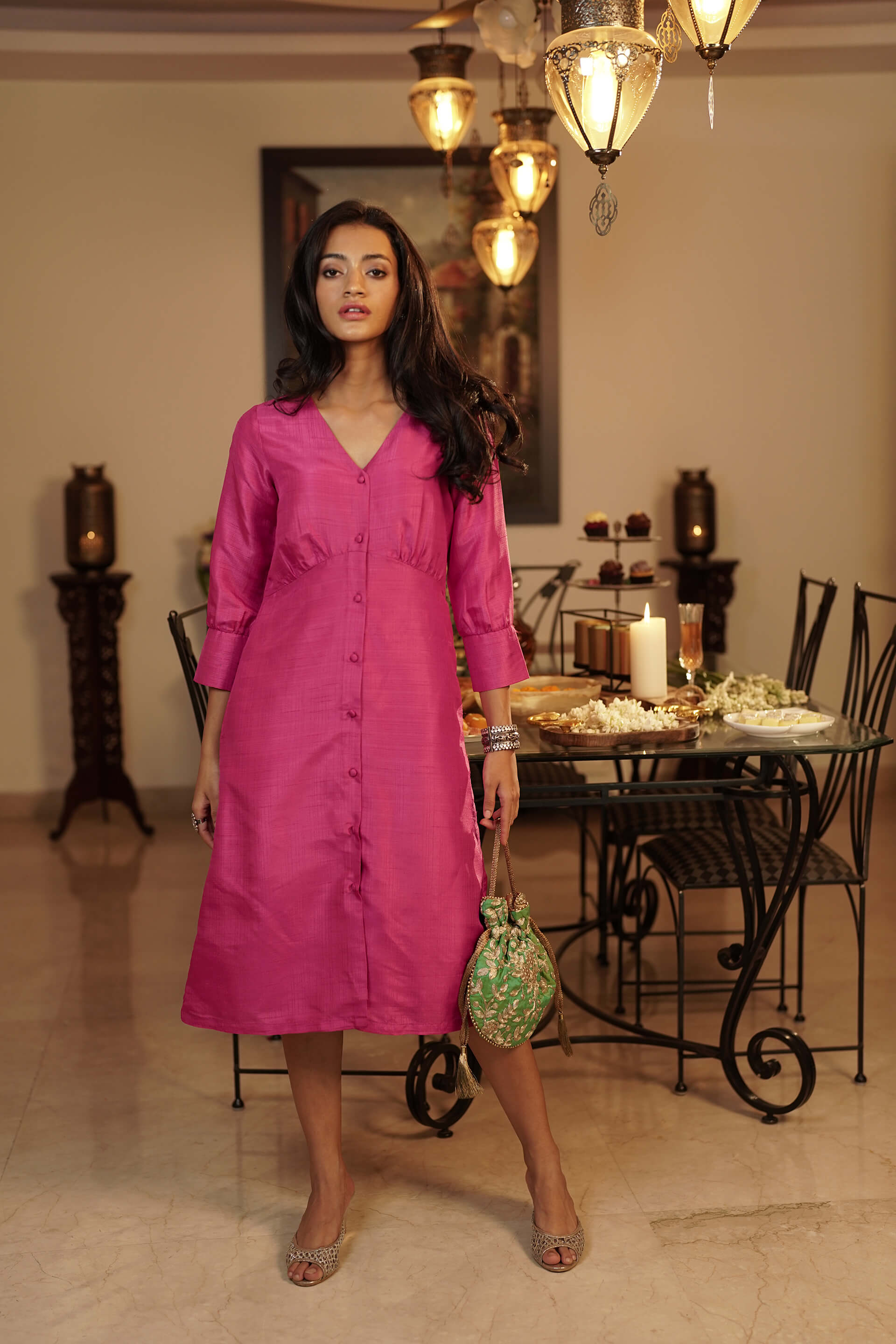 Anaari Button Down Dress - Bright Pink