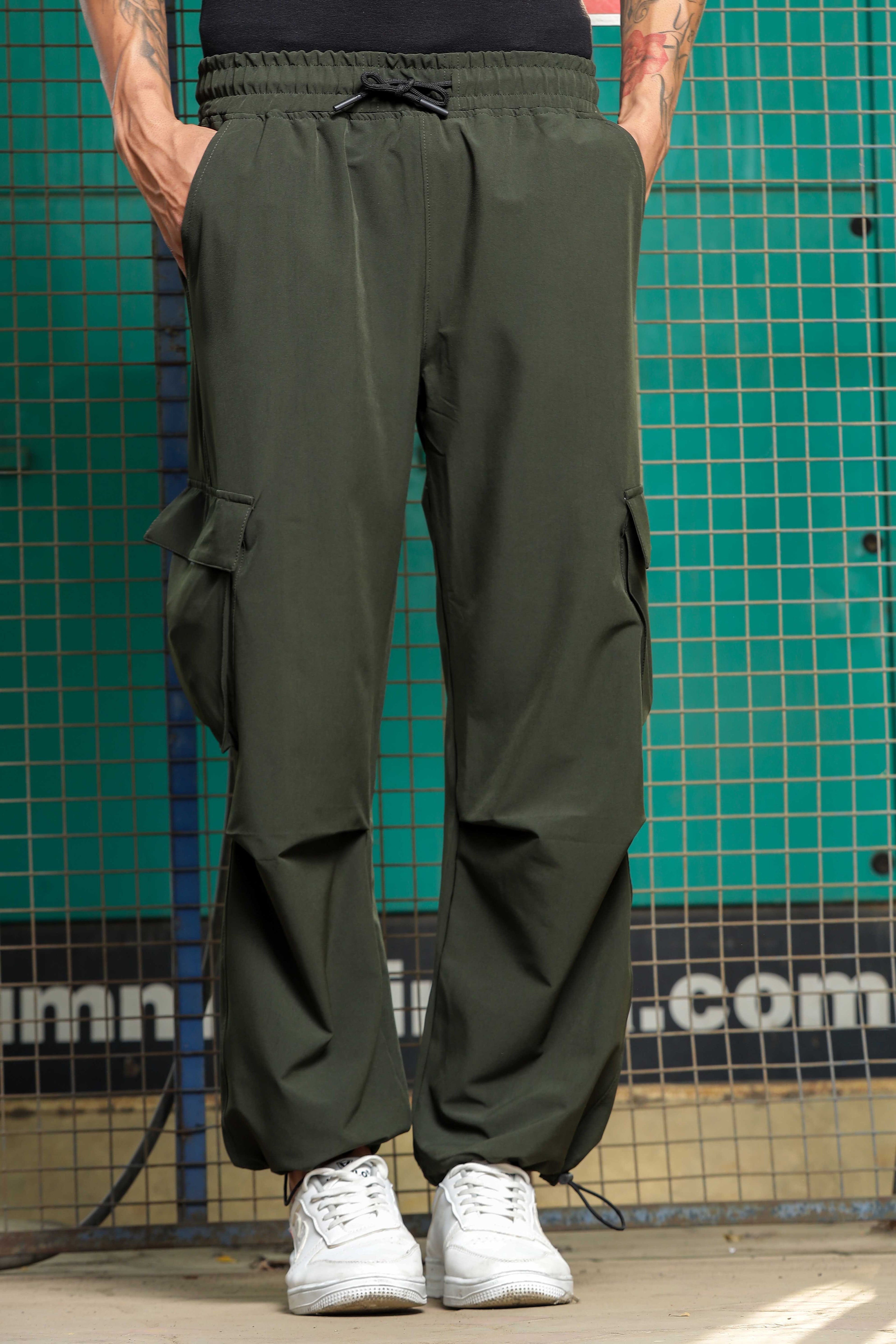 Olive Baggy Fit  Parachute Cargo Trousers