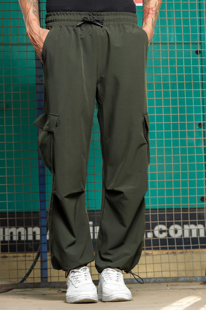 Olive Baggy Fit  Parachute Cargo Trousers