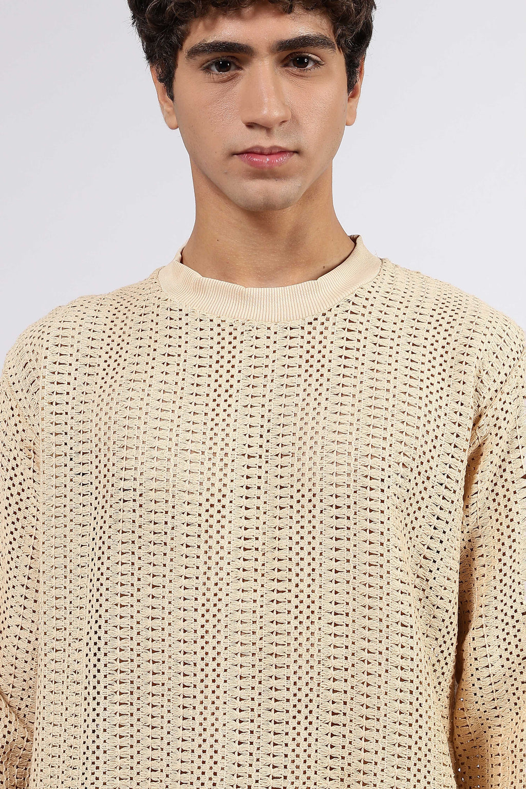 Beige Oversized Fit Premium Cotton Crochet T-Shirt
