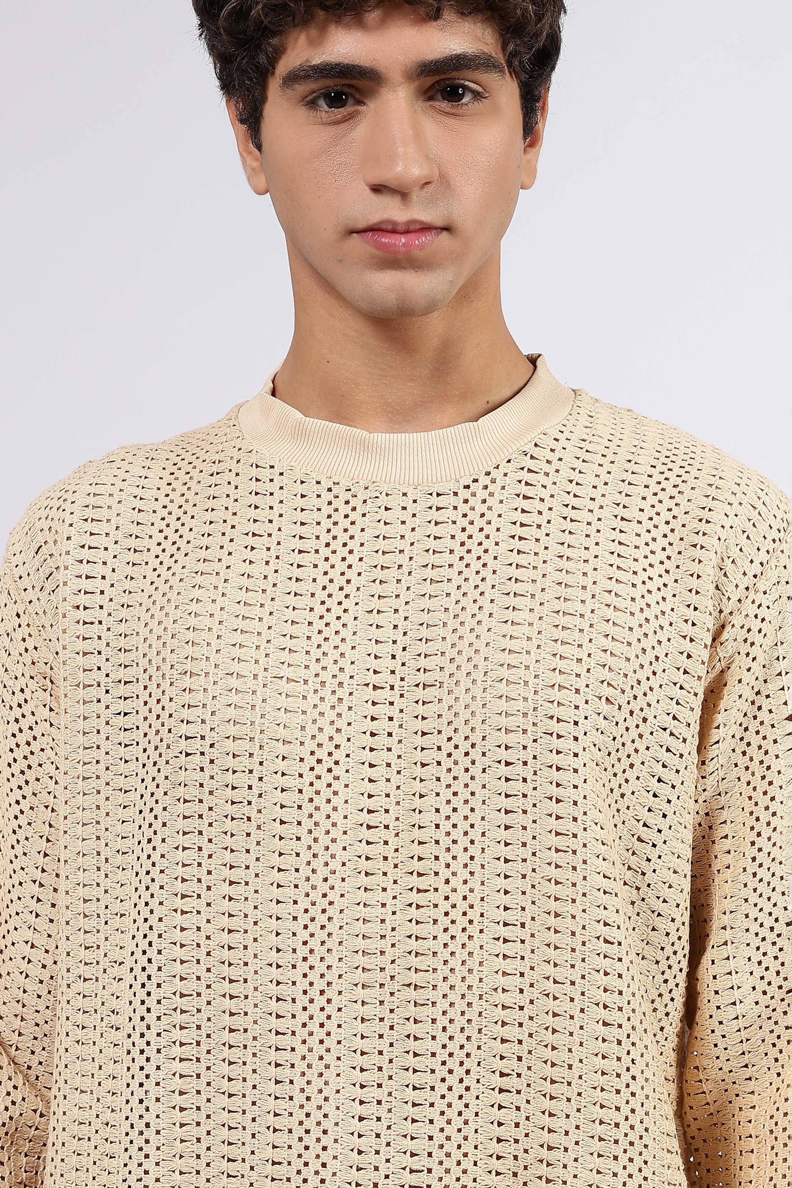 Beige Oversized Fit Premium Cotton Crochet T-Shirt