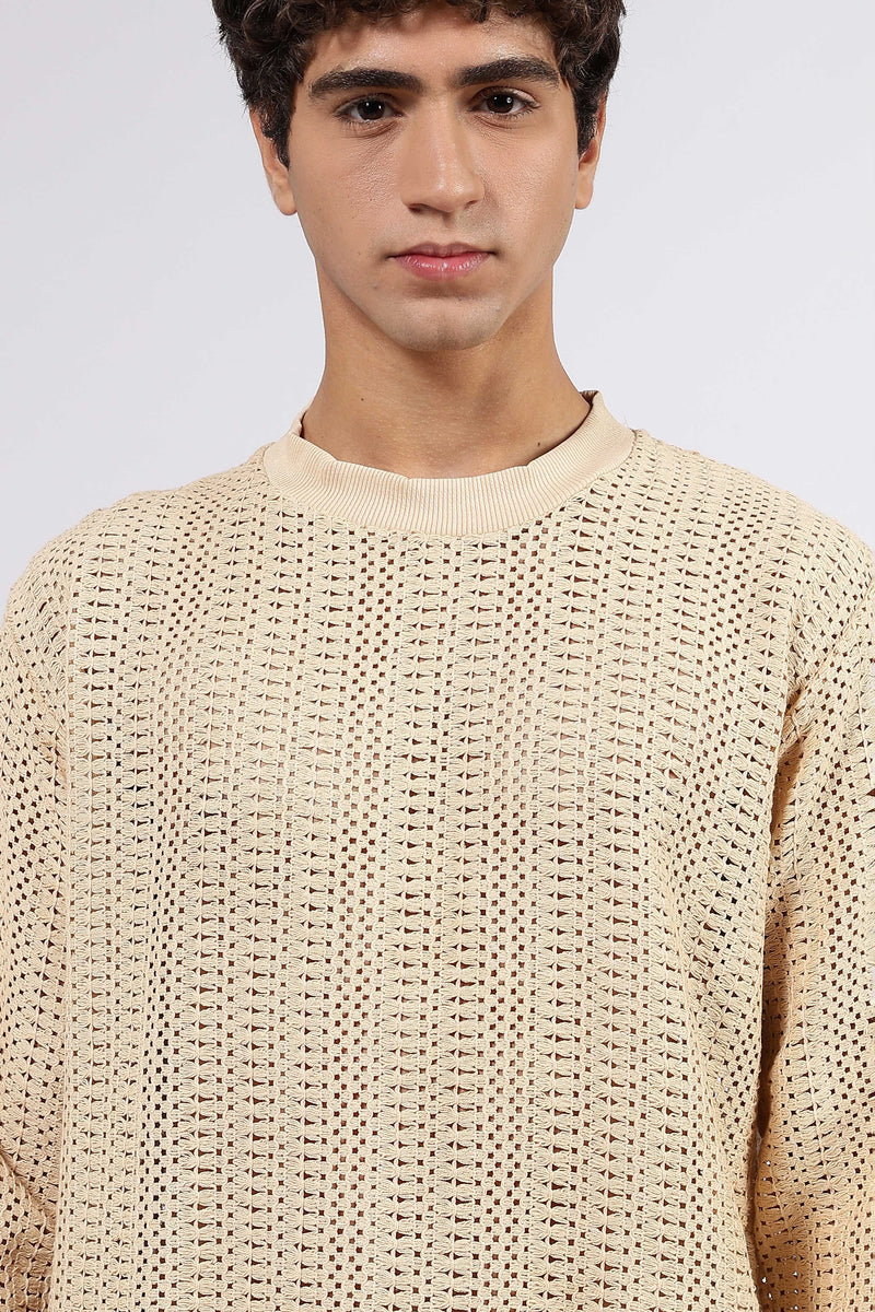 Beige Oversized Fit Premium Cotton Crochet T-Shirt