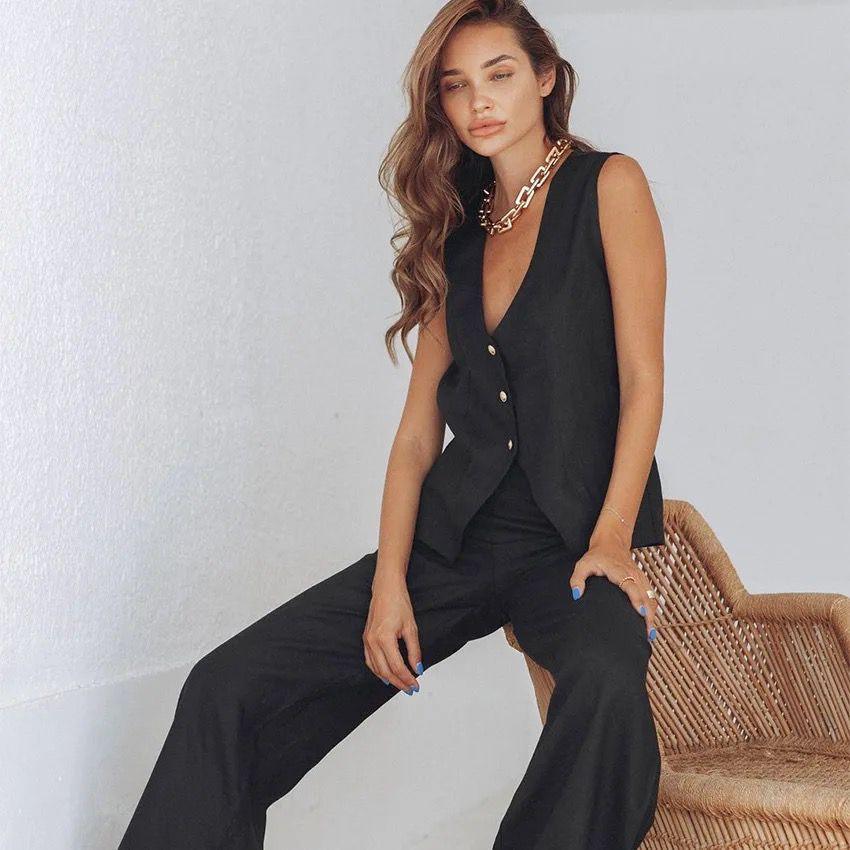 Reina Linen Coord Set - Black