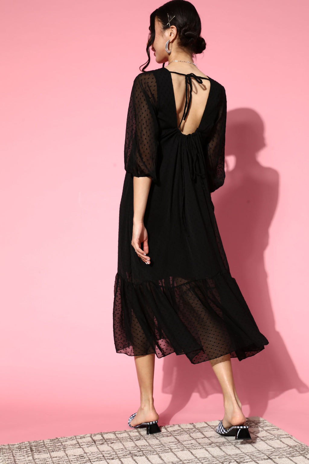 Athena Black Dobby Chiffon Trapeze Dress With Backless Detail