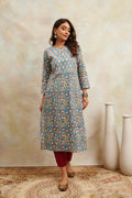 Teal Blue & Maroon Hand Block Printed Sanganeri Kurta