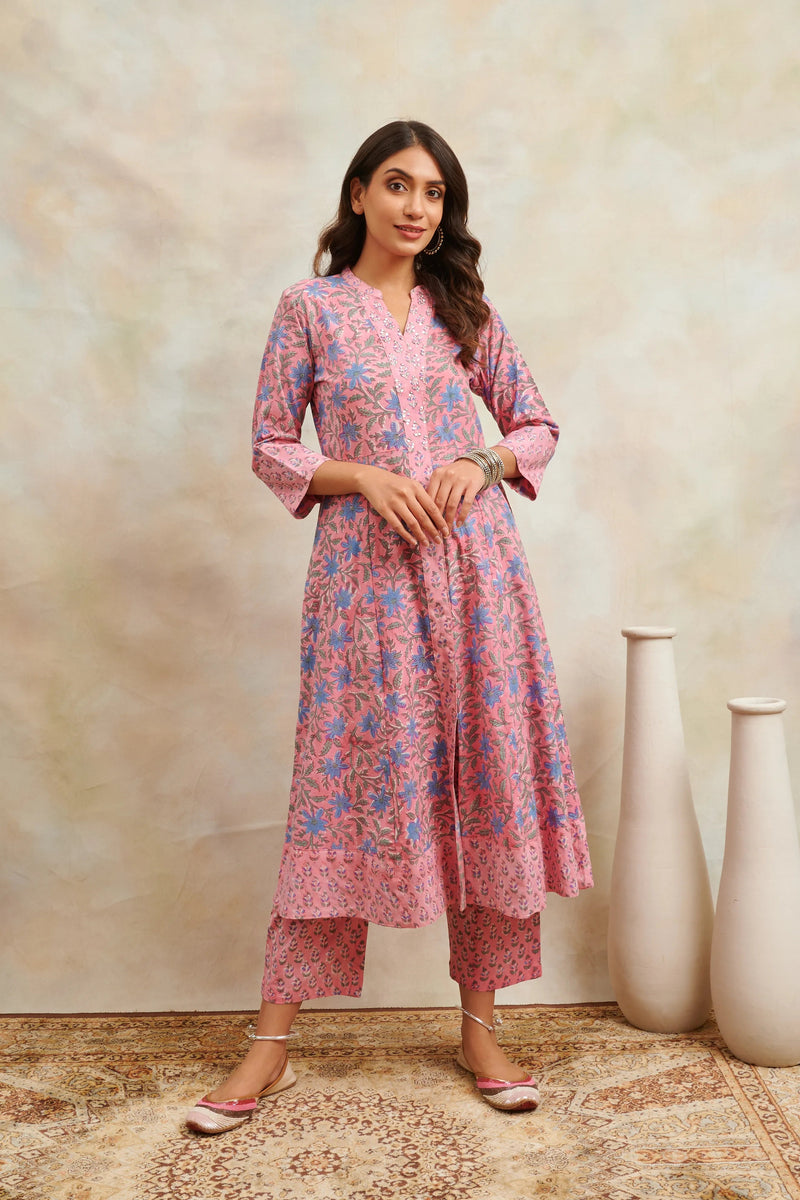 Pink Hand Block Printed Sanganeri 'A' Line Kurta
