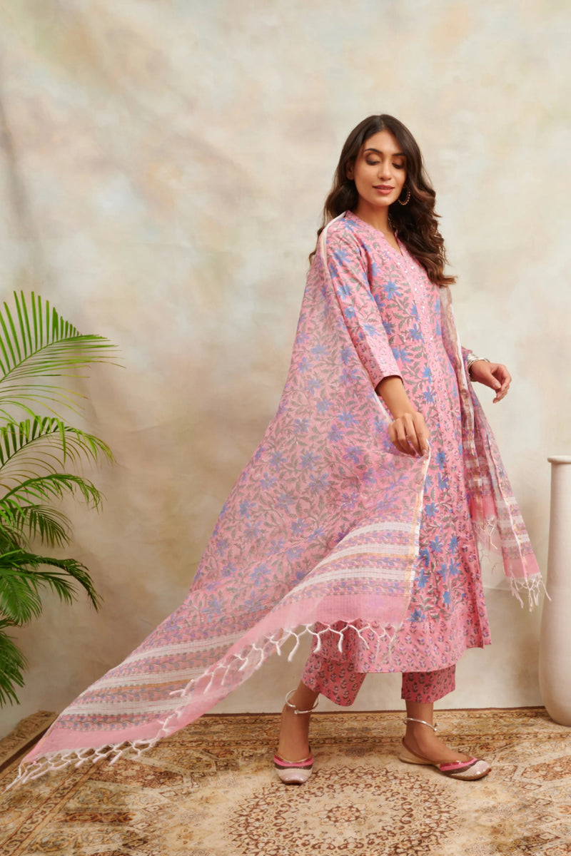 Pink Hand Block Printed Sanganeri 'A' Line Kurta