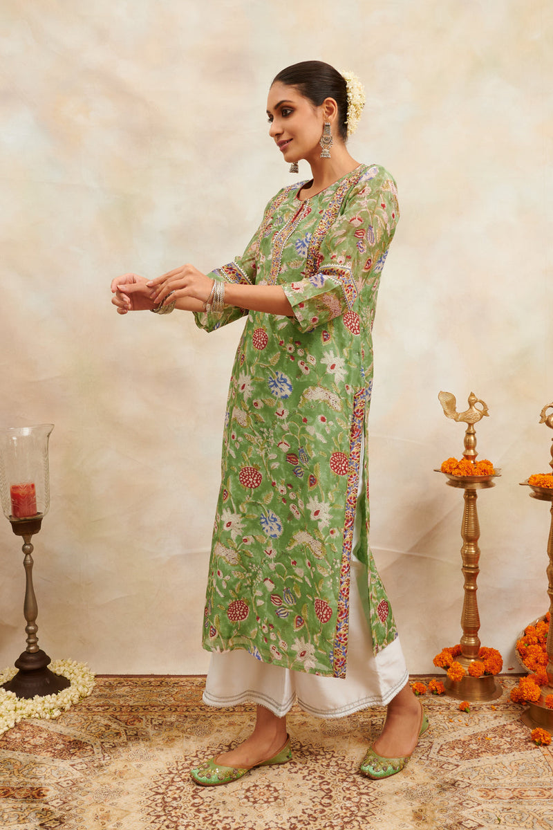Green/Pink Hand Block Printed Chanderi Silk Kurta