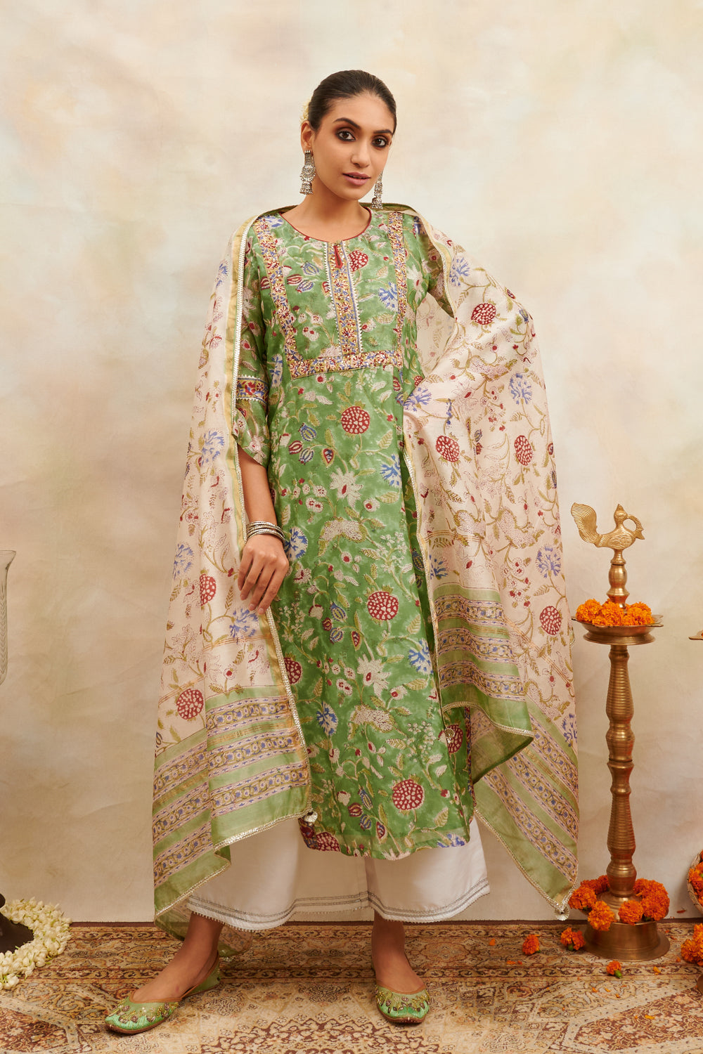 Green/Pink Hand Block Printed Chanderi Silk Kurta
