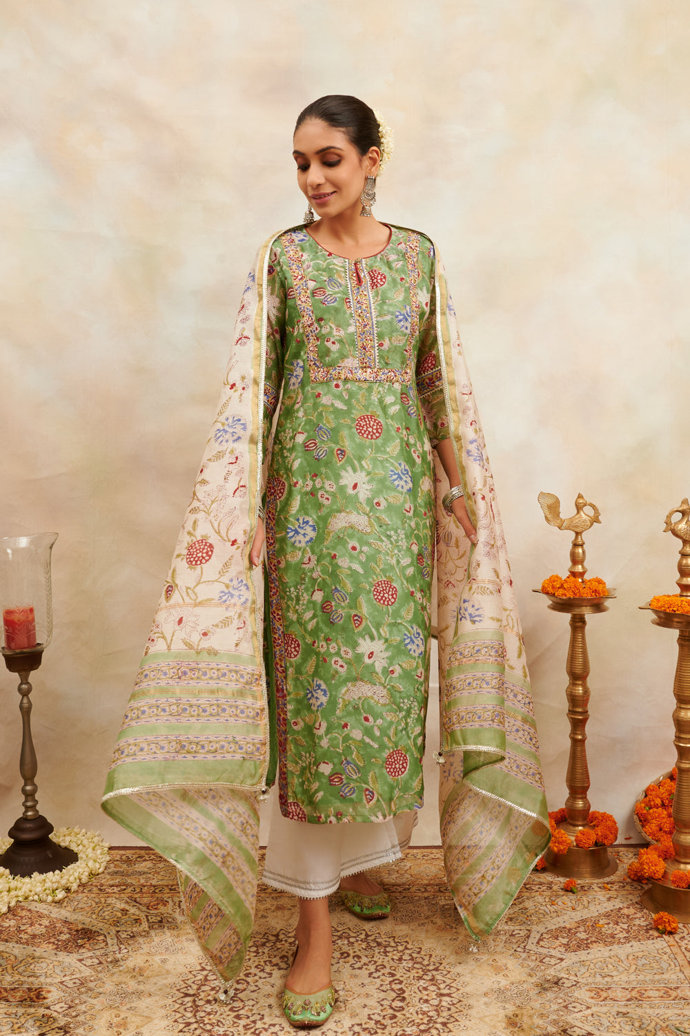 Green/Pink Hand Block Printed Chanderi Silk Kurta