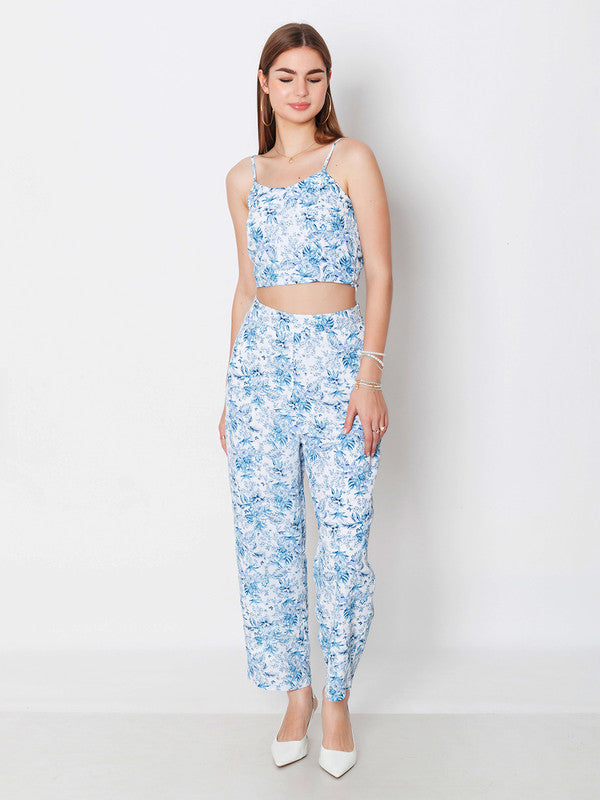 Blue Floral Print Straight Trouser