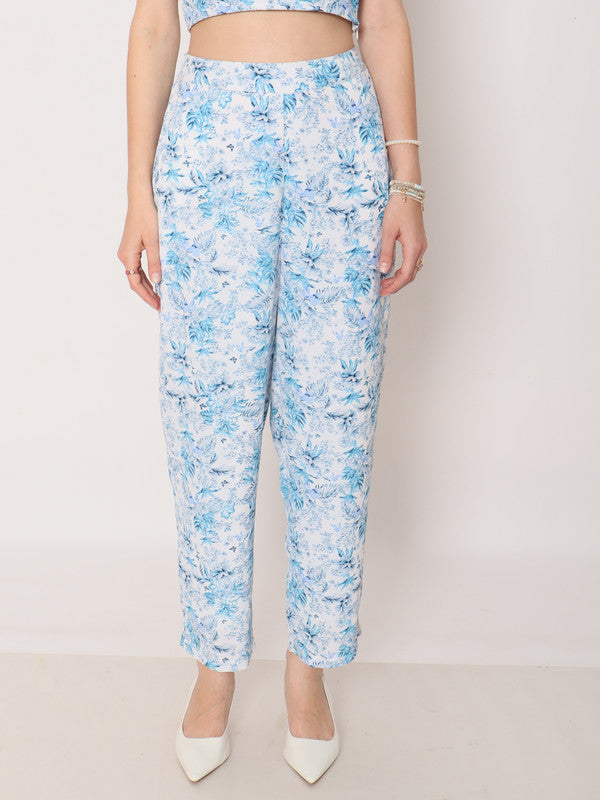 Blue Floral Print Straight Trouser