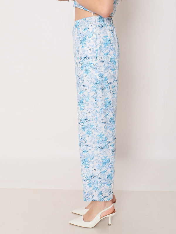 Blue Floral Print Straight Trouser