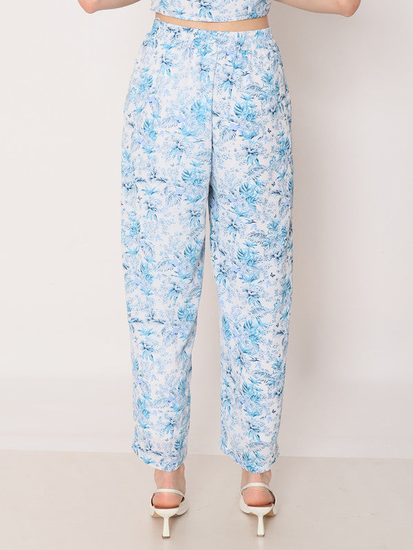 Blue Floral Print Straight Trouser