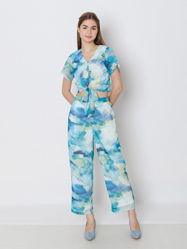 Blue Abstract Printed Straight Trouser