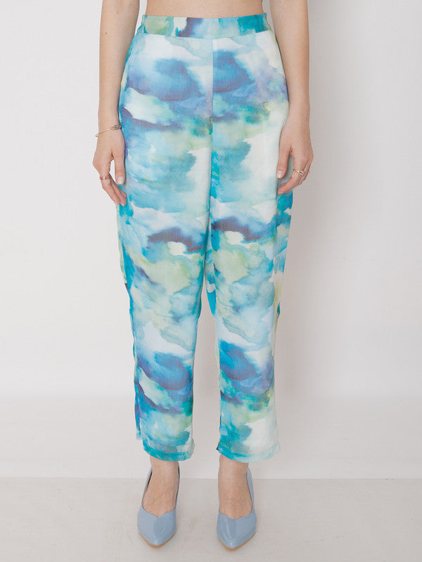 Blue Abstract Printed Straight Trouser